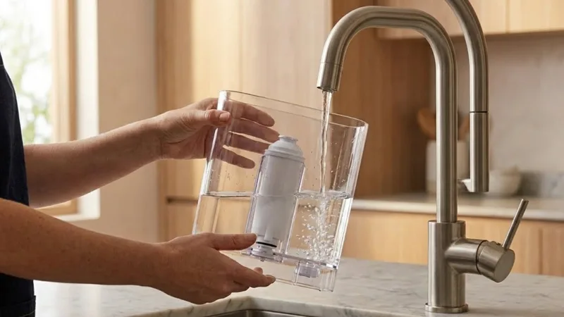 Hands filling Breville water tank under kitchen faucet