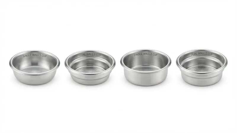 Four Breville filter baskets arranged in a row showing single and dual wall types and capacities