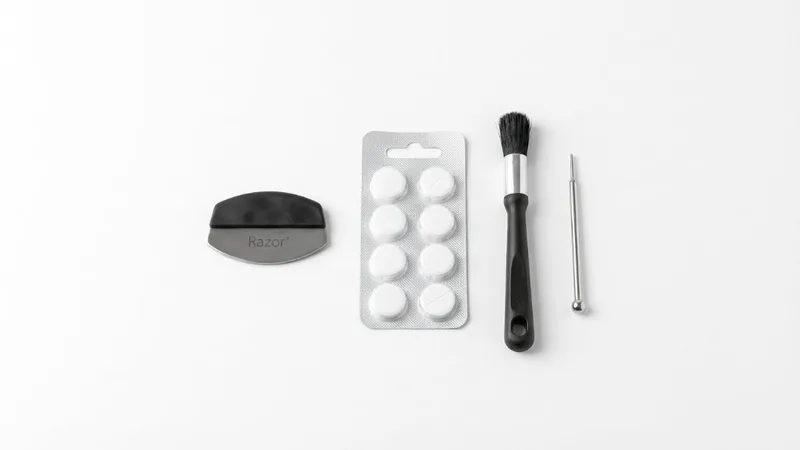 Breville cleaning accessories arranged together: rubber disc, cleaning tablets, brush, and pin tool
