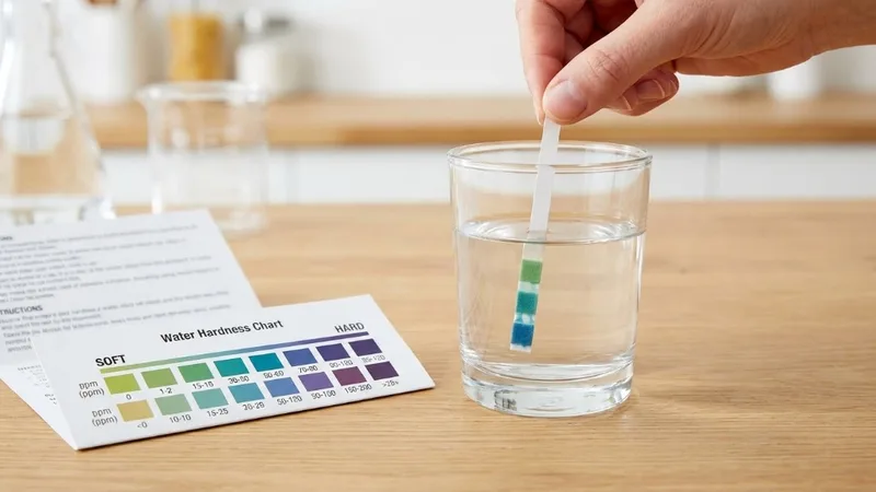 Water hardness test strip being dipped into glass of water with color chart