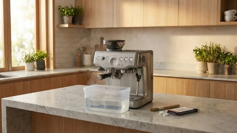 Descaling solution running through Breville group head into container