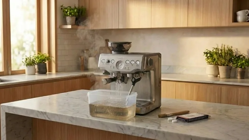 Steam wand positioned over container during descaling