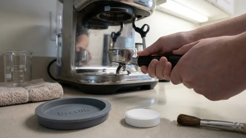 Locking portafilter with cleaning disc into Breville group head