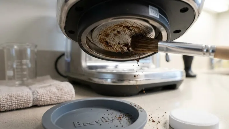 Brush cleaning coffee residue from Breville shower screen