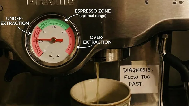 Breville pressure gauge with zones labeled: under-extraction, espresso zone, over-extraction
