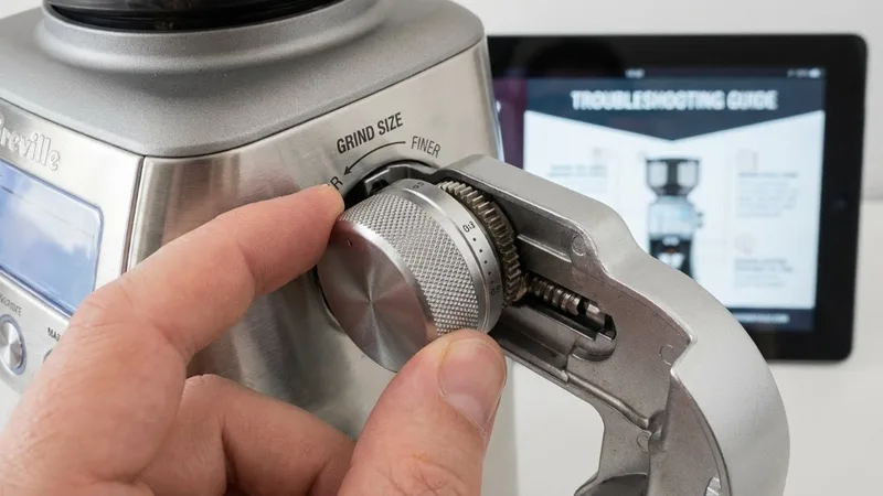 Fingers adjusting Breville grind dial to finer setting