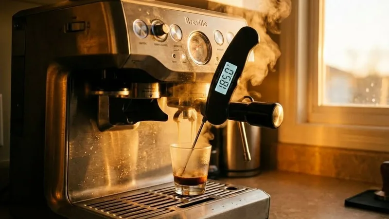 Digital thermometer measuring espresso temperature during extraction from a Breville machine