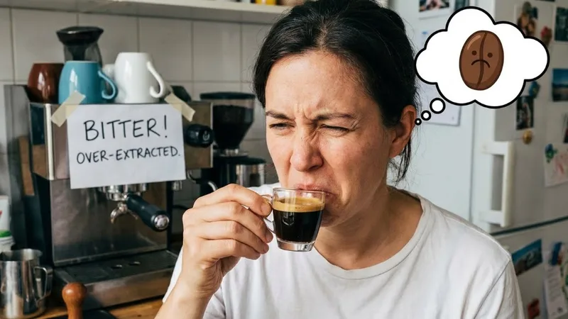 Person making bitter face while tasting over-extracted espresso
