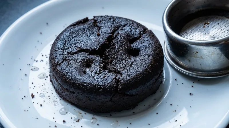 Dark used coffee puck on plate showing over-extraction