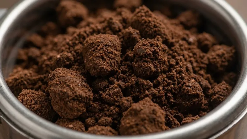 Close-up of clumpy coffee grounds in portafilter basket before distribution