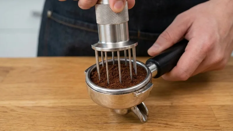 WDT-style distribution tool spinning to level coffee grounds in portafilter
