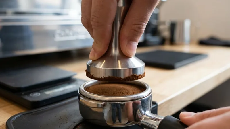 Barista applying level pressure with tamper to ensure even coffee puck surface