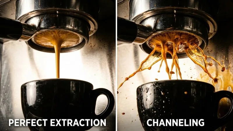 Comparison of perfect even espresso extraction vs multiple streams spraying from channeling