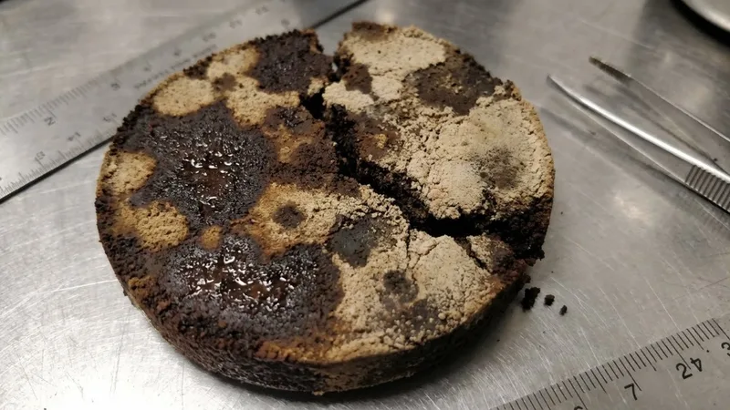 Extracted coffee puck showing uneven wet spots and holes from water channeling