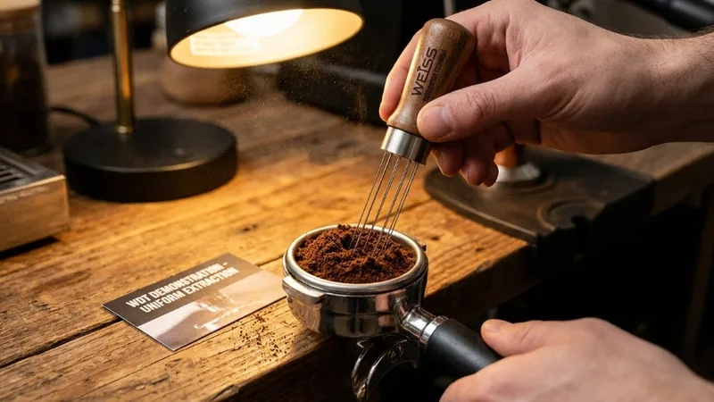 Barista using WDT tool with thin needles to stir coffee grounds in portafilter