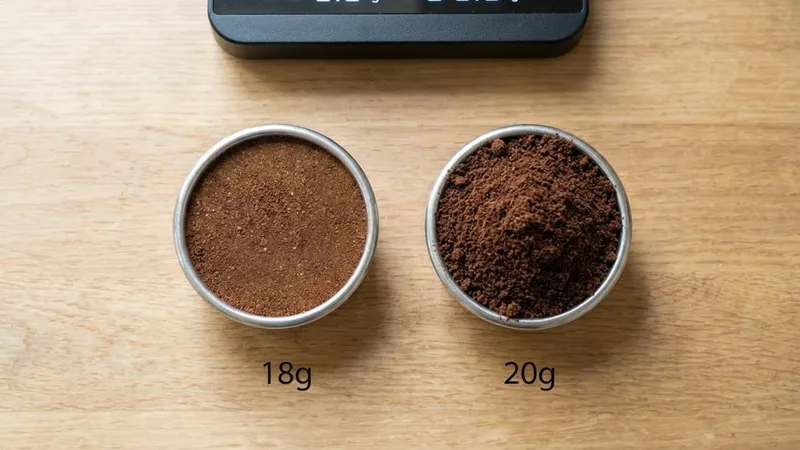 Top-down comparison of 18g and 20g espresso baskets showing differences in capacity and labeling