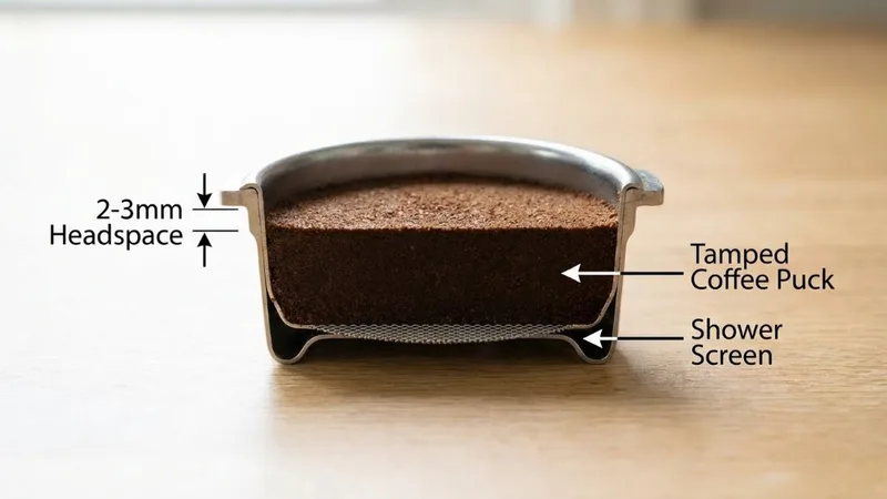 Cross-section diagram showing proper 2-3mm headspace between coffee puck and shower screen