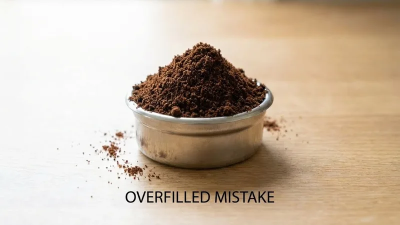 Common espresso dosing mistake: an overfilled portafilter basket with coffee grounds mounded high above the rim
