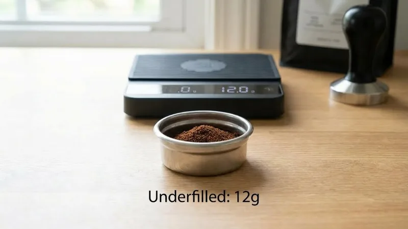 Common espresso dosing mistake: an underfilled portafilter basket with too little coffee and excessive headspace