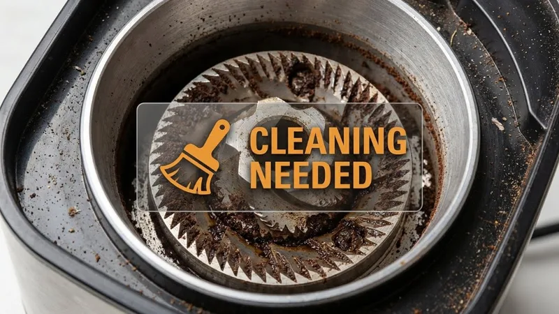 View into the grinder chamber showing the lower burr that needs cleaning