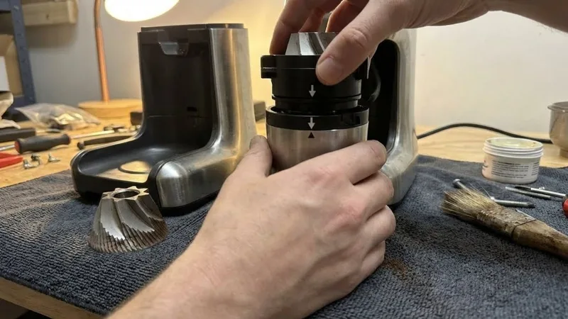 Hands carefully placing the upper burr back into the grinder and aligning the arrows