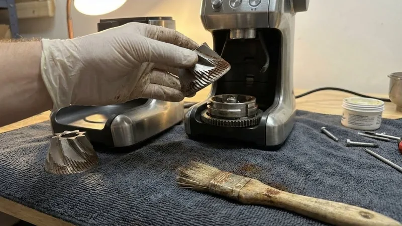 Close-up of Breville upper conical burr being lifted out of the grinder chamber