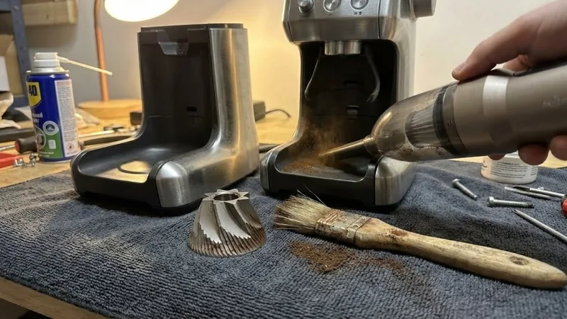Small vacuum cleaning fine coffee particles from the lower burr chamber