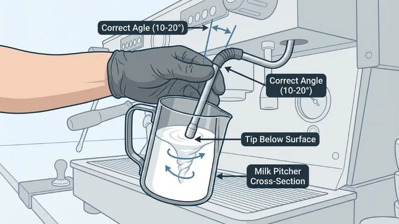 Visual guide showing correct steam wand angle and depth position in milk pitcher