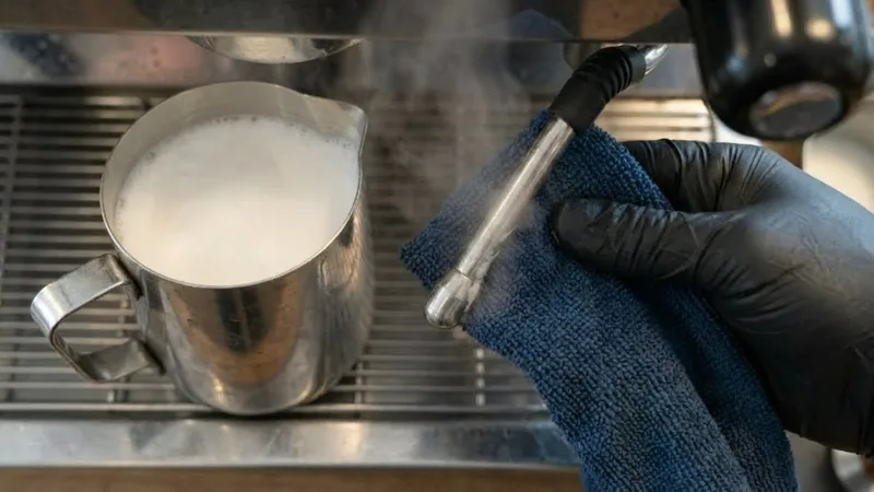 Damp microfiber cloth wiping the steam wand tip immediately after steaming milk