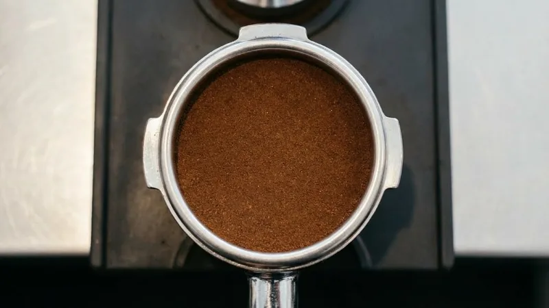 Top-down view of a perfectly level tamped coffee puck in a portafilter, showing a smooth and flat surface