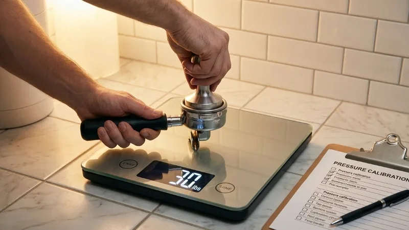Tamper on bathroom scale showing pressure being applied, with scale displaying approximately 30 lbs for demonstration