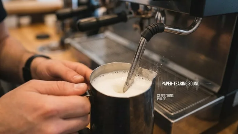 Hand holding a milk pitcher under a steam wand during the stretching phase with a "paper-tearing" sound annotation