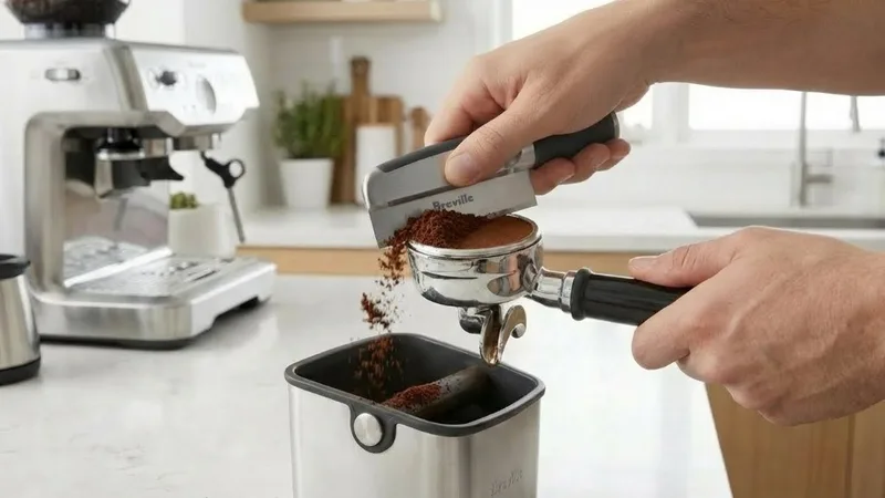 The Breville razor tool being swept across the portafilter, trimming away excess coffee grounds into a knock box