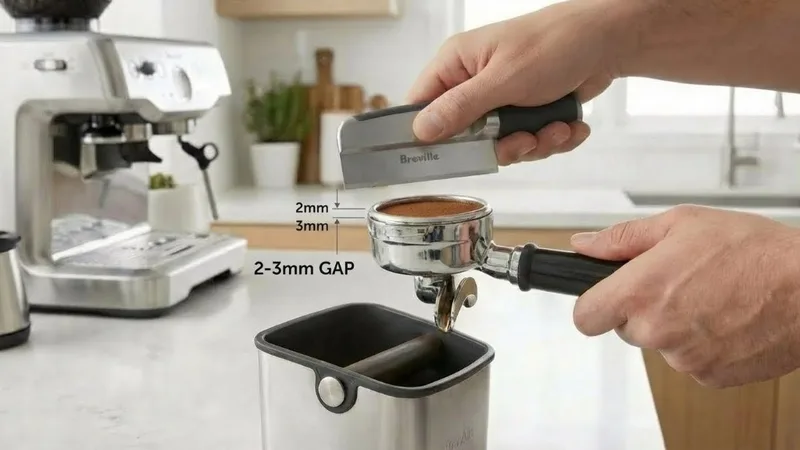 Side view diagram showing the 2-3mm gap created by the razor tool between the coffee puck and basket rim