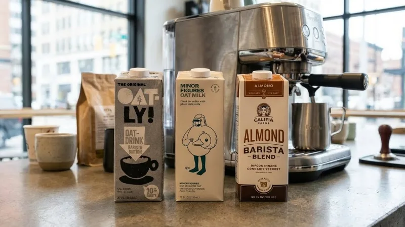 Comparison of top barista-edition plant milk brands including Oatly, Minor Figures, and Califia Farms