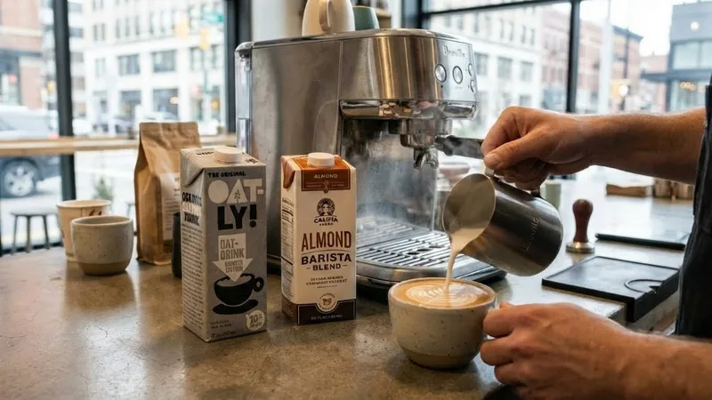 Perfect oat milk microfoam being poured into coffee with a swan latte art design