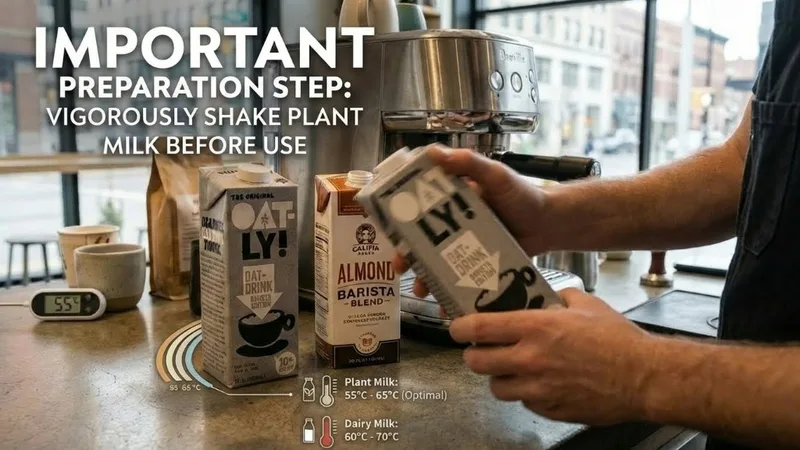 Hands vigorously shaking a plant milk carton before pouring into a pitcher