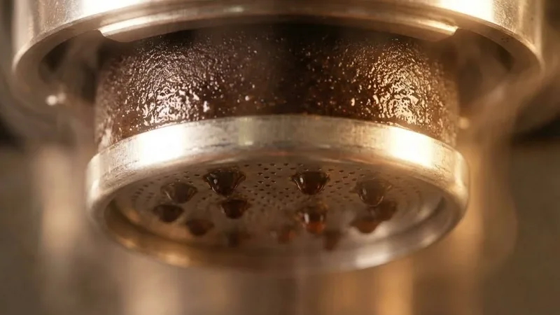 Macro photography showing the first dark, syrupy drops of espresso appearing on a bottomless portafilter during pre-infusion