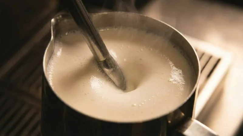 Close-up of steam wand during the stretching phase, where air is being incorporated to create the distinctive paper-tearing sound
