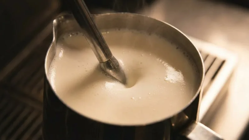Steam wand tip positioned just below the milk surface in a pitcher, illustrating the correct depth for starting the stretching process