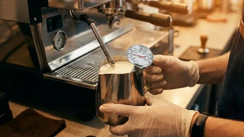 Analog dial thermometer clipped to the edge of a milk steaming pitcher showing the temperature rising
