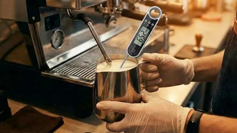 Digital instant-read thermometer being used to check the final temperature of steamed milk, showing a precise 65.2°C reading