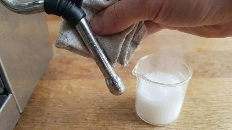 Barista wiping the steam wand with a clean, damp cloth immediately after purging to prevent milk residue from hardening