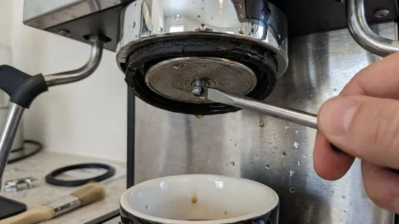 A flathead screwdriver being used to unscrew the center screw of the espresso machine shower screen for gasket access