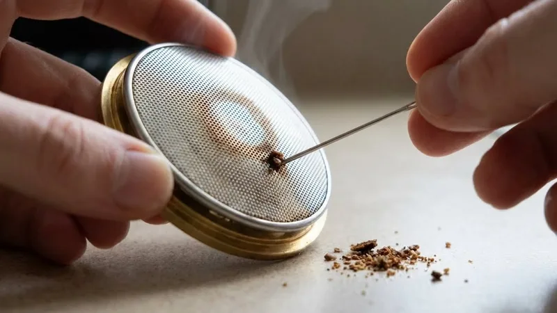 Close-up of using a thin metal pin to clear stubborn residue from individual holes in the shower screen, with dislodged coffee debris visible nearby
