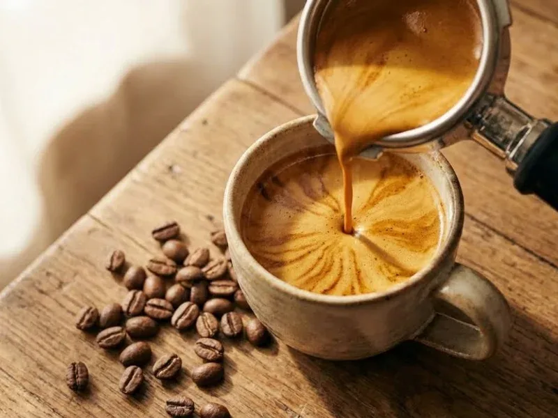 Fresh espresso pour with rich crema