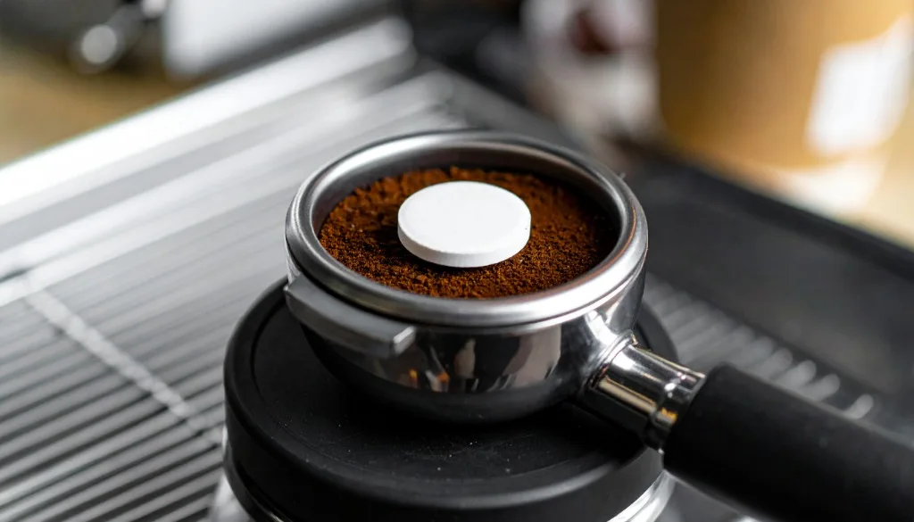 Cleaning tablet placed on rubber disc in portafilter