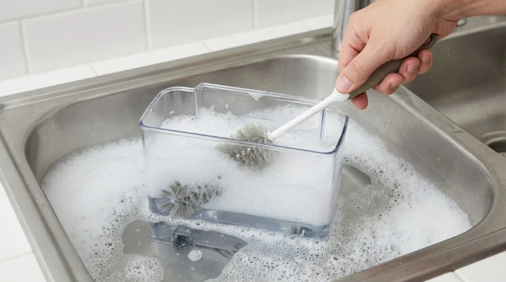 Scrubbing the interior of a Breville water tank with a brush