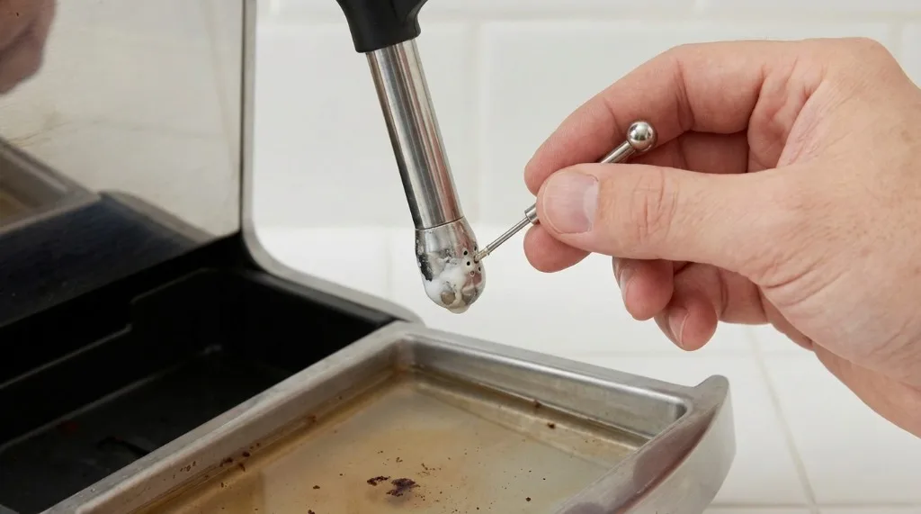 Using a cleaning pin to clear the holes in a steam wand tip