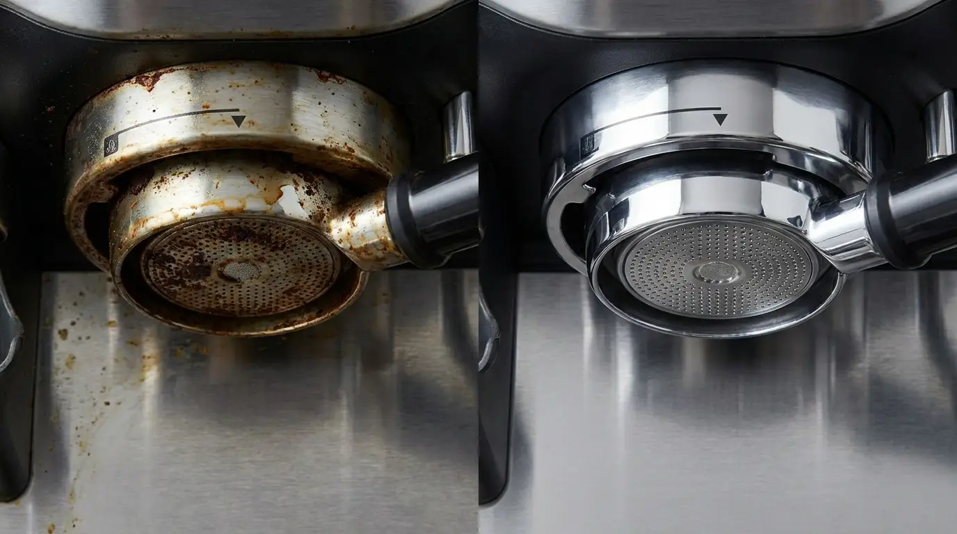 Side-by-side of dirty group head with coffee oil residue vs sparkling clean group head after cleaning